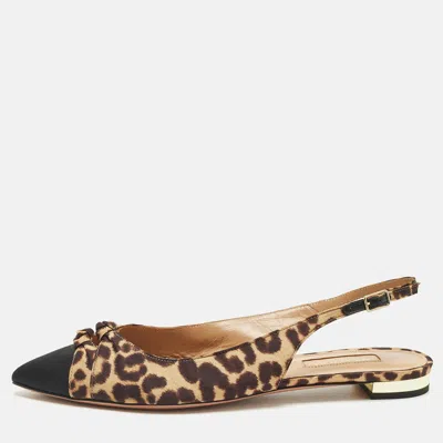 Aquazzura Beige/black Knotted Fabric Slingback Flats In Animal Print