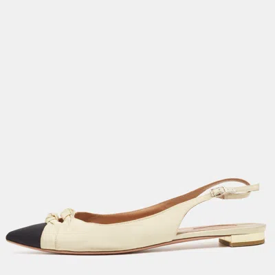 Pre-owned Aquazzura Beige/black Knotted Fabric Slingback Flats Size 39.5