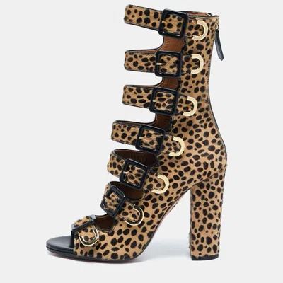 Aquazzura Beige/black Leopard Print Calf Hair Gladiator Sandals In Brown
