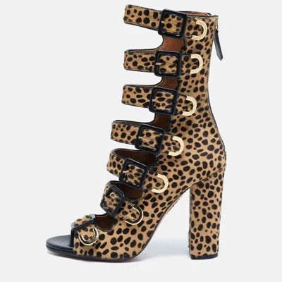 Aquazzura Beige/black Leopard Print Calf Hair Gladiator Sandals In Brown