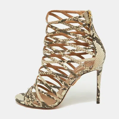 Pre-owned Aquazzura Beige/brown Python Embossed Leather Knockout Sandals Size 37.5 In Cream