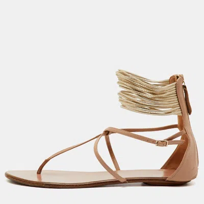 Aquazzura Beige/gold Leather T-strap Ankle Cuff Flats