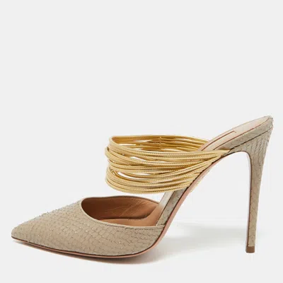 Pre-owned Aquazzura Beige/gold Snakeskin Embossed Leather Rendez Vous Mules Size 38.5