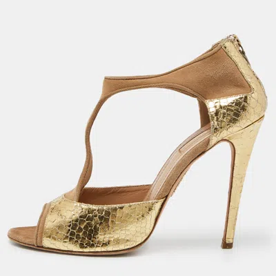 Pre-owned Aquazzura Beige/gold Suede And Snakeskin Embossed Leather Pumps Size 39