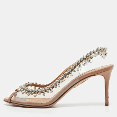 Pre-owned Aquazzura Beige/transparent Pvc And Leather Temptation Crystal Pumps Size 39.5 In Sand