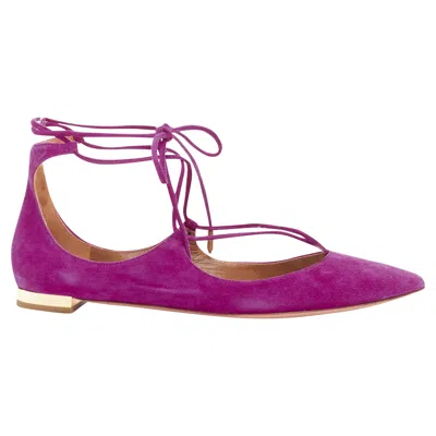 Aquazzura Belgravia Suede Leather Pointy Lace Up Gold Heel Flats In Purple