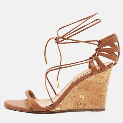 Pre-owned Aquazzura Bellissima Size 37 Brown Leather Ankle Tie Wedge Sandals