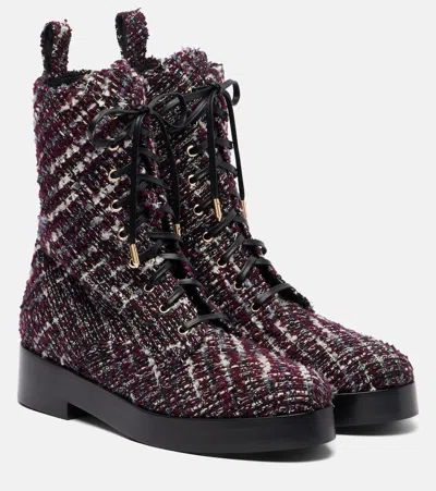 Aquazzura Ben 20 Leather-trimmed Tweed Combat Boots In Purple