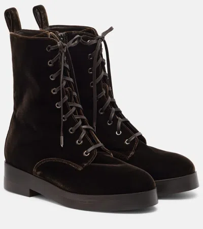 Aquazzura Ben 20 Leather-trimmed Velvet Combat Boots In Brown