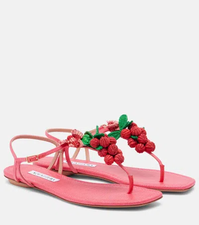 Aquazzura Berry Raffia-effect Thong Sandals In Pink