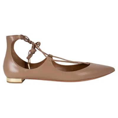 Pre-owned Aquazzura Biscotto Brown Leather Christy Lace-up Ballet Flats Shoes 42