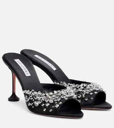 Aquazzura Bisous 85 Embellished Satin Mules In Black