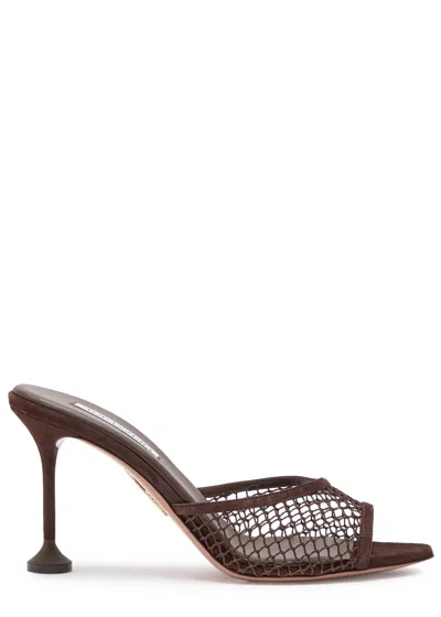 Aquazzura Bisous 85 Mesh And Suede Mules In Brown
