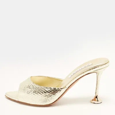 Pre-owned Aquazzura Bisous 85 Size 36.5 Gold Snakeskin Embossed Leather Slide Sandals