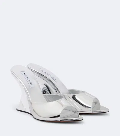 Aquazzura Bisous Mirrored Leather Wedge Mules In Silver