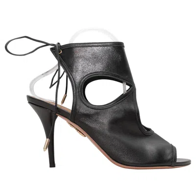 Pre-owned Aquazzura Black  Leather Cutout Peep-toe Booties Size 40.5