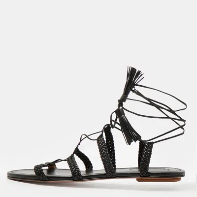 Aquazzura Black Braided Leather Stromboli Gladiator Flat Sandals
