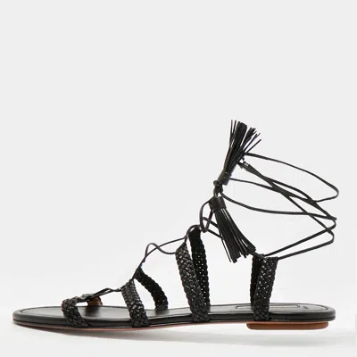 Aquazzura Black Braided Leather Stromboli Gladiator Flat Sandals Size 38.5
