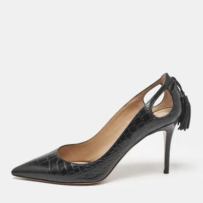 Pre-owned Aquazzura Black Croc Embossed Leather Forever Marilyn Pumps Size 37.5