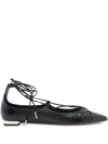 Aquazzura Gabi Lace-up Glossed-leather Point-toe Flats In Black