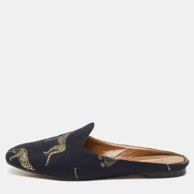 Pre-owned Aquazzura Black Jacquard Panther Embroidered Flat Mules Size 37.5