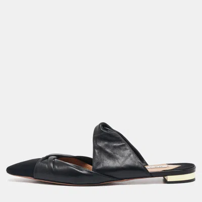 Pre-owned Aquazzura Black Leather And Canvas Mondaine Flat Mules Size 38