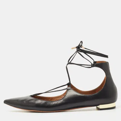 Pre-owned Aquazzura Black Leather Christy Ankle-wrap Ballet Flats Size 40.5