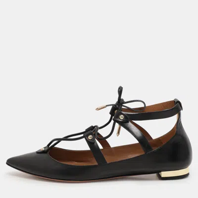 Pre-owned Aquazzura Black Leather Christy Lace Up Ballet Flats Size 38