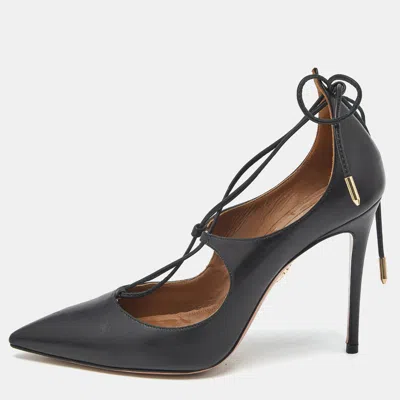Pre-owned Aquazzura Black Leather Christy Pointed Toe Ankle Wrap Pumps Size 37.5