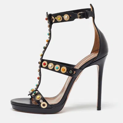 Pre-owned Aquazzura Black Leather Platform Ankle Strap Sandals Size 39.5