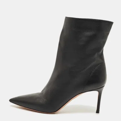 Pre-owned Aquazzura Black Leather Pointed Toe Ankle Length Boots Size 37.5
