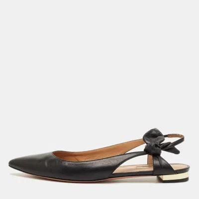 Pre-owned Aquazzura Black Leather Slingback Tie Ballet Flats Size 38.5