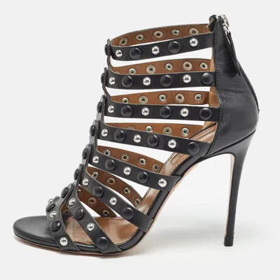 Pre-owned Aquazzura Black Leather Studded Gladiator Sandals Size 36