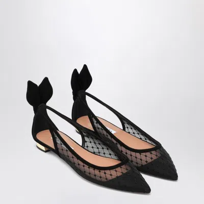 AQUAZZURA AQUAZZURA BLACK MESH AND SUEDE BALLERINAS WITH BOW