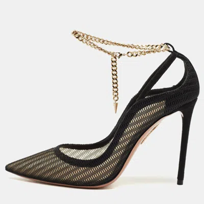 Pre-owned Aquazzura Black Mesh And Suede Bond Street Ankle Chain Pointed Toe Pumps Size 38