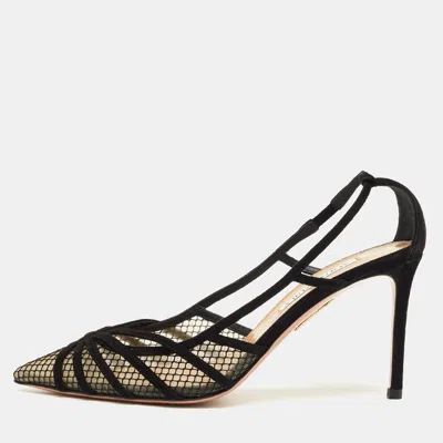 Pre-owned Aquazzura Black Mesh And Suede Slip On Pumps Size 38