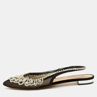 Pre-owned Aquazzura Black Mesh Crystal Embellished Marahani Slingback Flats Size 38