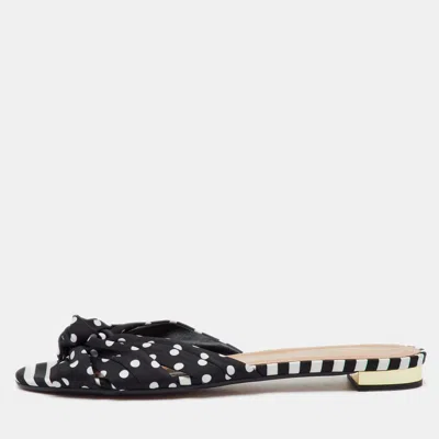 Pre-owned Aquazzura Black Polka Dot Print Fabric Knot Flat Slide Sandals Size 40
