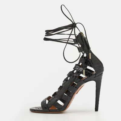 Pre-owned Aquazzura Black Python Leather Amazon Lace Up Open Toe Sandals Size 40