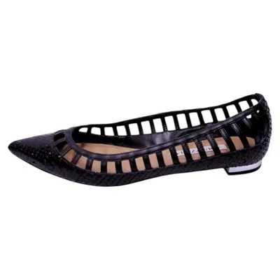 Pre-owned Aquazzura Black Python-embossed Pointed Toe Cutout Ballet Flats - Eu 37.5