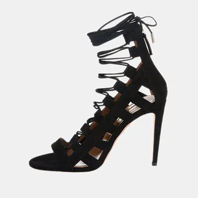 Pre-owned Aquazzura Black Suede Amazon Lace Up Open Toe Sandals Size 38.5