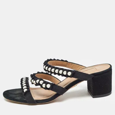 Aquazzura Black Suede And Canvas Love Story Slide Sandals