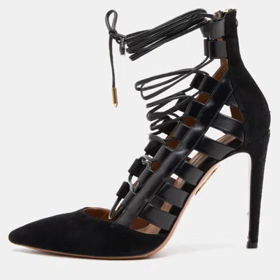 Aquazzura Black Suede And Leather Amazon Ankle Wrap Pumps