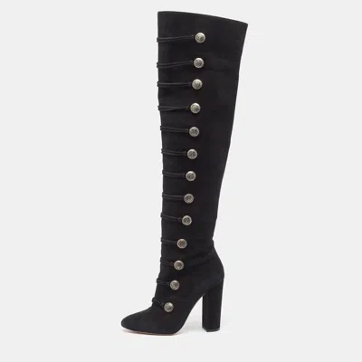 Pre-owned Aquazzura Black Suede Buttons Embellished Over The Knee Boots Size 39