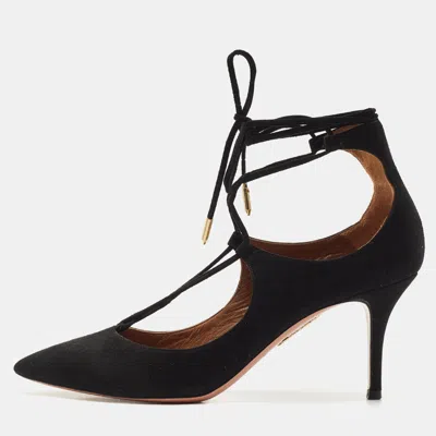 Aquazzura Black Suede Christy Pointed Toe Ankle Wrap Pumps