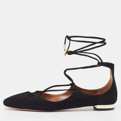 Pre-owned Aquazzura Black Suede Dancer Ankle Tie Flats Size 35.5