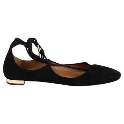 Pre-owned Aquazzura Black Suede Dancer Lace Up Ballet Flats Shoes 37.5