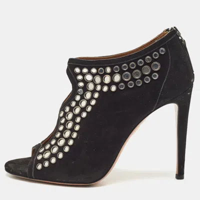 Aquazzura Black Suede Embellished Peep Toe Booties