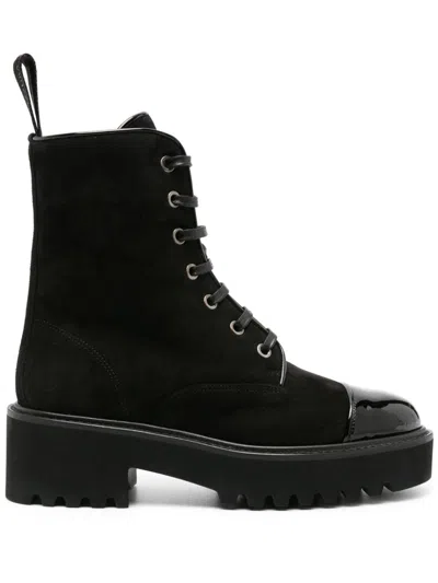 Aquazzura Black Suede Lace-up Boots By , Desert Model. Patent Leather Details. Notched Sole