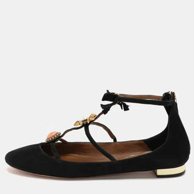 Pre-owned Aquazzura Black Suede Pandora Embellished Ballet Flats Size 40